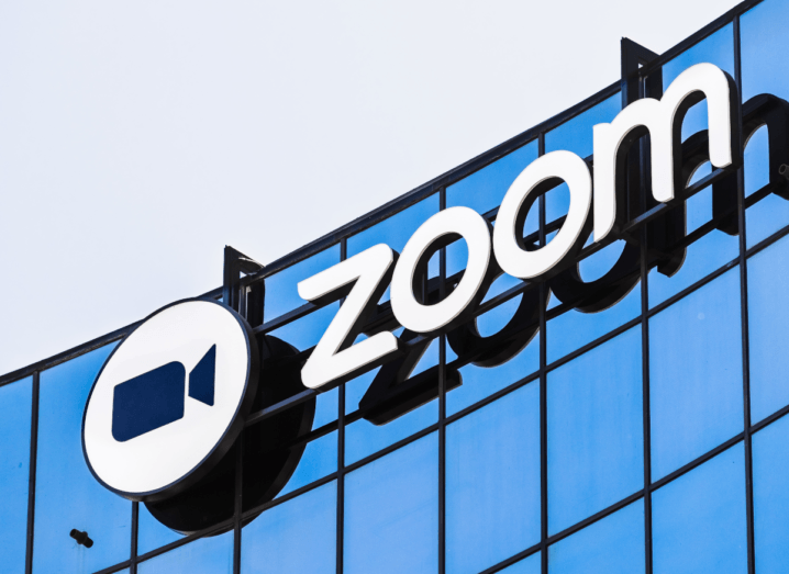 The Zoom logo on the outside of an office building.