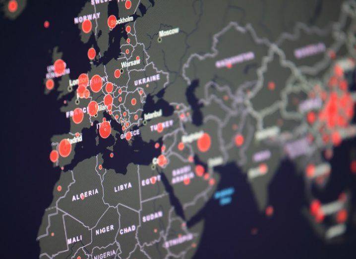 Online map of Europe, Africa and Asia highlighting the number of Covid-19 cases per country.