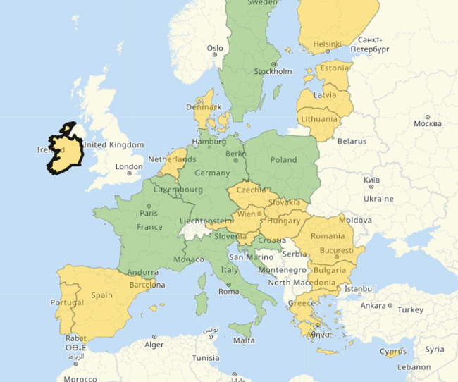 Screenshot of the interactive EU map showing where travel restrictions are still in place. 