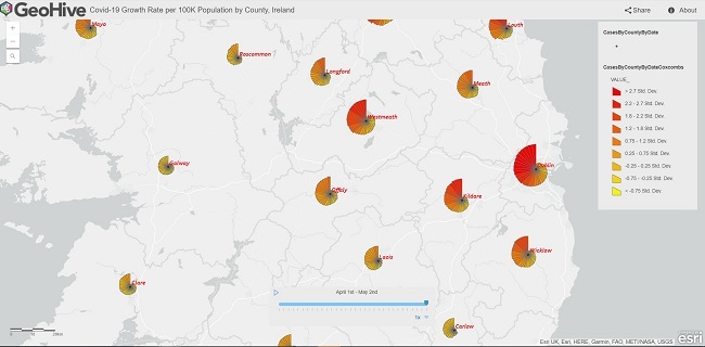 Map of Ireland highlighting Covid-19 cases across central Ireland.