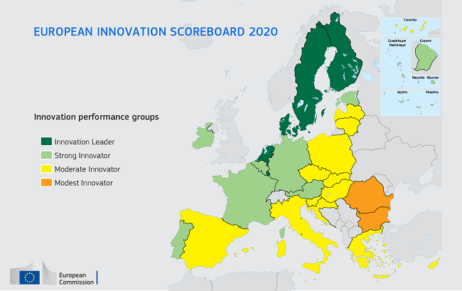 Map of EU nations showing their innovation performance groups. 