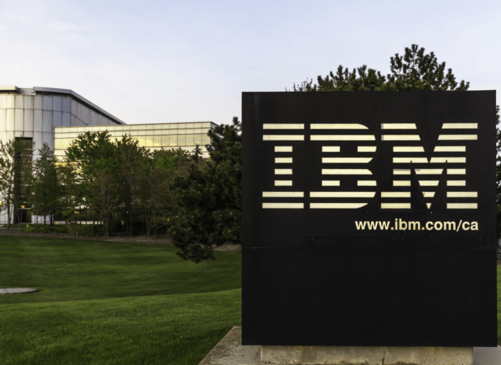 The IBM logo displayed outside of an office building in California.
