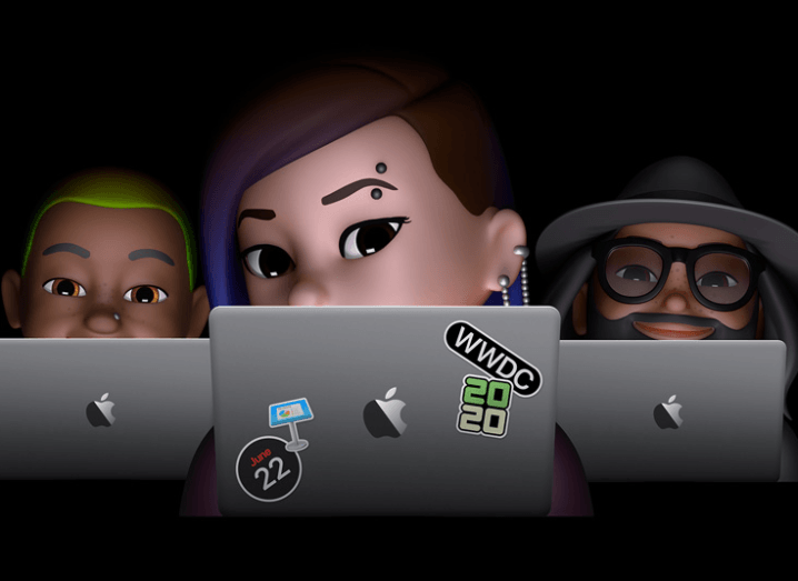 Three cartoon figures sitting at MacBook laptops.