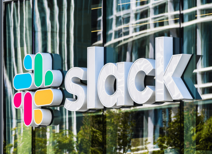 The Slack logo on the front of an office building.