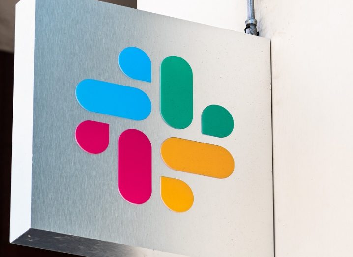 Slack logo on a silver sign.