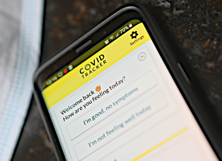 The Covid Tracker Ireland app on a smartphone.