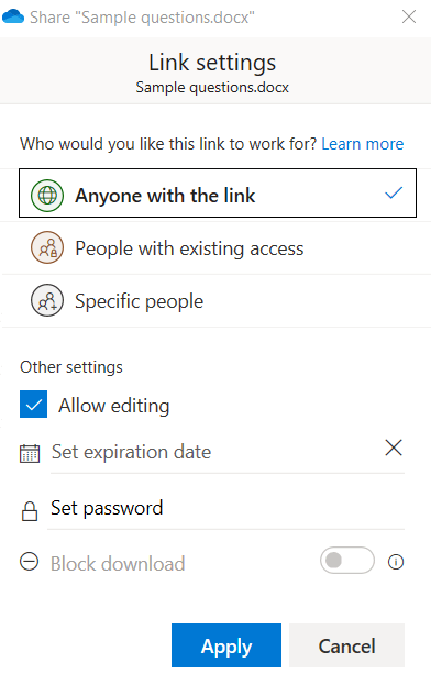 A screenshot of the additional sharing options with OneDrive.