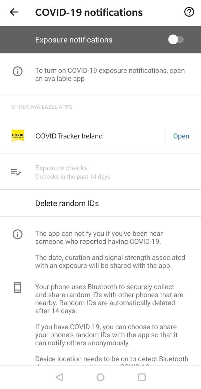 Screenshot of the Exposure Notification Service in Android with the Covid Tracker Ireland app installed. 