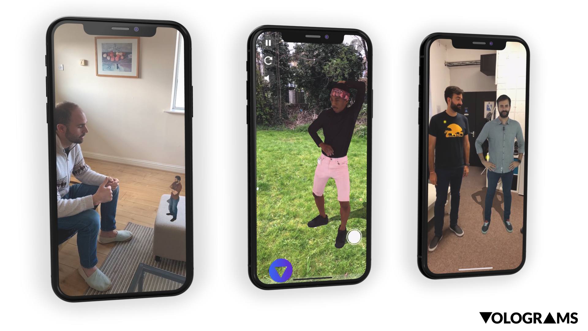 Three iPhone screens displaying Volograms of people inserted into different scenarios.