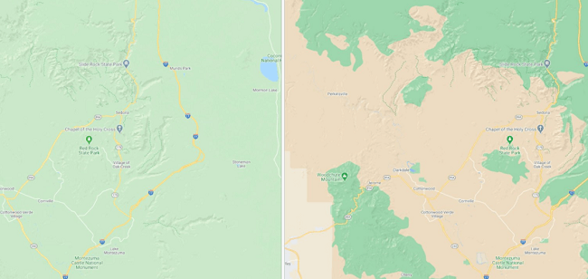 Comparison between the older version of Google Maps (left) and the newer one (right) showing clearer natural detail.