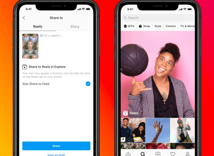 Two iPhone screens displaying Instagram's new Reels feature.