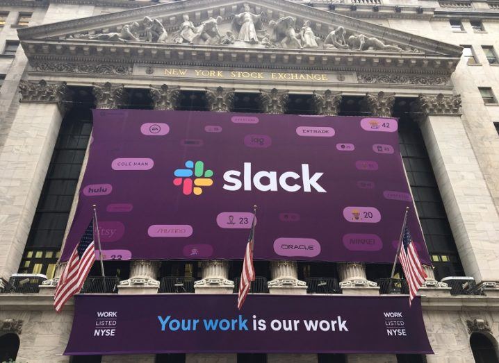 The Slack logo and banner outside the New York Stock Exchange on the day of its IPO.