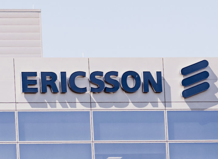 The Ericsson logo on the front of a building.