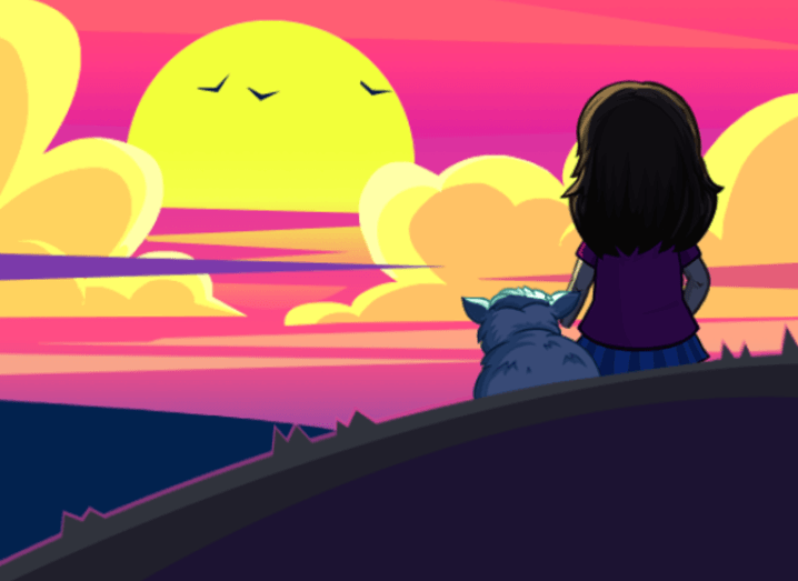 Illustration of the sun setting on FarmVille while a girl and her pet sit and watch.