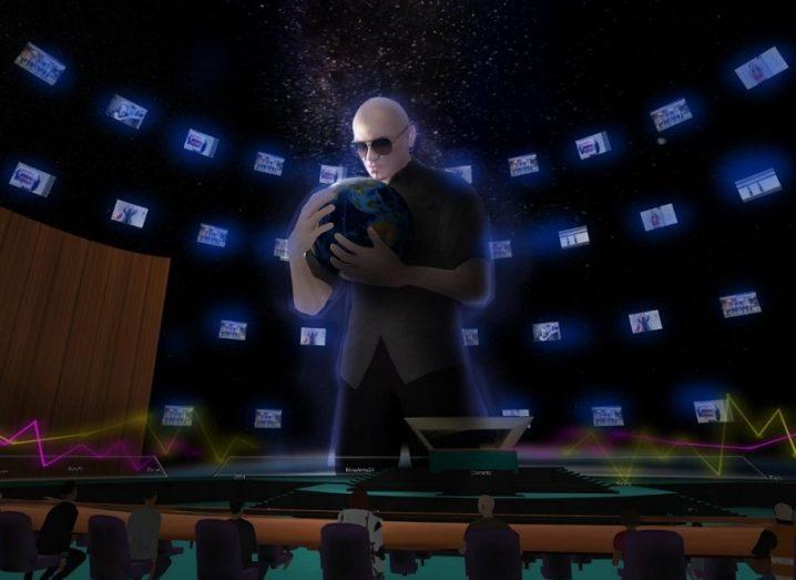 VR render of Pitbull performing at the UN event surrounded by virtual attendees.