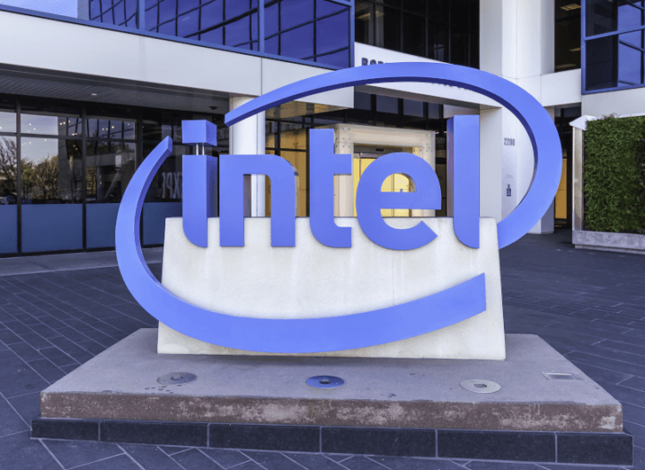The Intel logo outside of an office building.