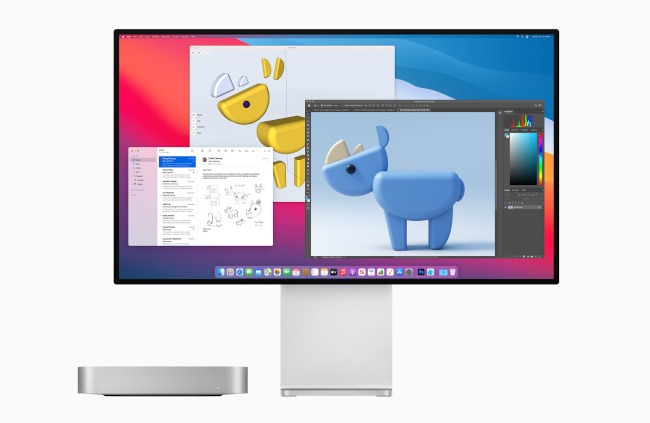A Mac Mini with a Pro Display monitor showing a different windows working on a rhino animation.