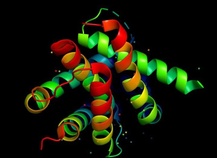 Spatial 3D model of a protein structure coloured red, yellow and green.