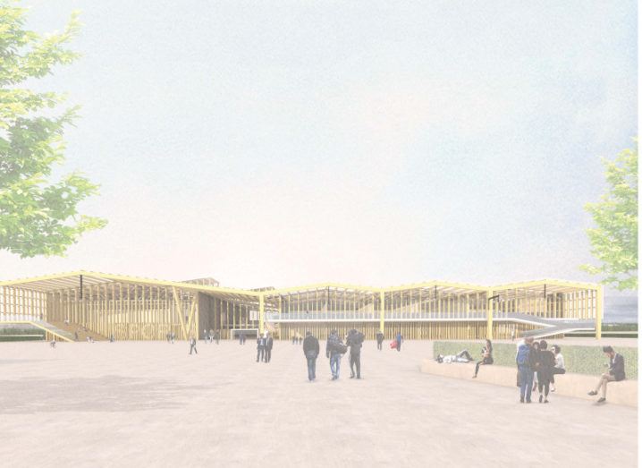 Graphic image of the planned design and construct centre, featuring a long wooden building and a space in front of it where people are congregating.