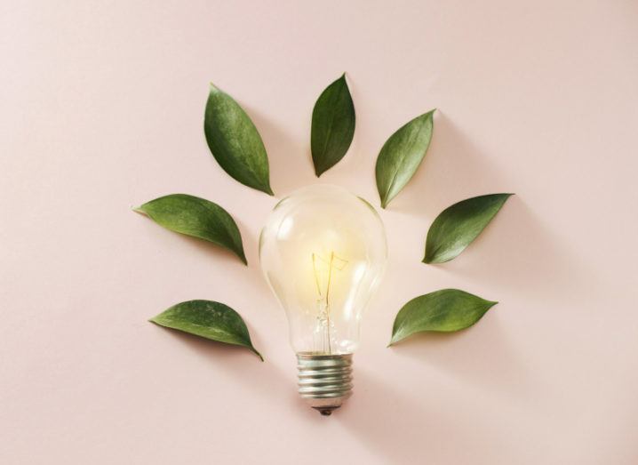 A glowing lightbulb surrounded by green leaves on a soft pink background.