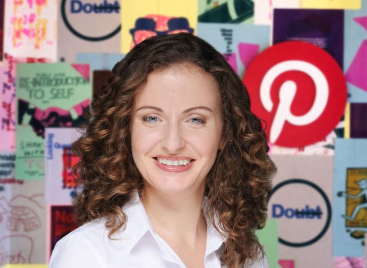 A curly-haired woman smiles against a collage of images, including the Pinterest logo.