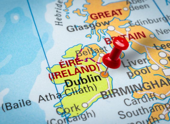 A map of Ireland with a red pin pushed into the location of Dublin.