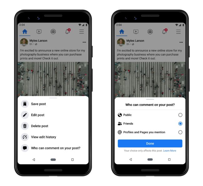 Deux écrans de smartphone montrant comment les utilisateurs de Facebook peuvent définir des règles quant à savoir qui peut commenter une publication.
