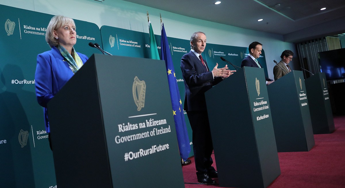 An Taoiseach Micheál Martin, An Tánaiste Leo Varadkar, Minister for Rural and Community Development, Heather Humphreys, and Minister for Transport and the Environment, Climate and Communications, Eamon Ryan at the launch of Our Rural Future.