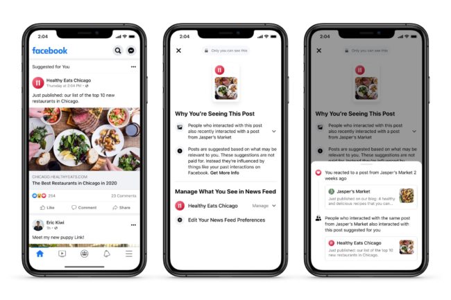 Écrans mobiles montrant comment les utilisateurs peuvent en savoir plus sur la raison pour laquelle une publication spécifique est apparue dans leur fil d'actualité Facebook.