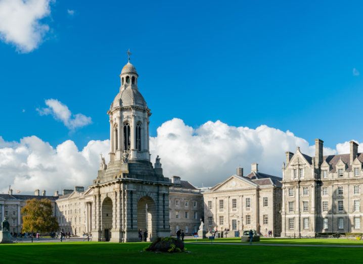 The bell tower in the centre of Trinity College Dublin on a bright sunny day.