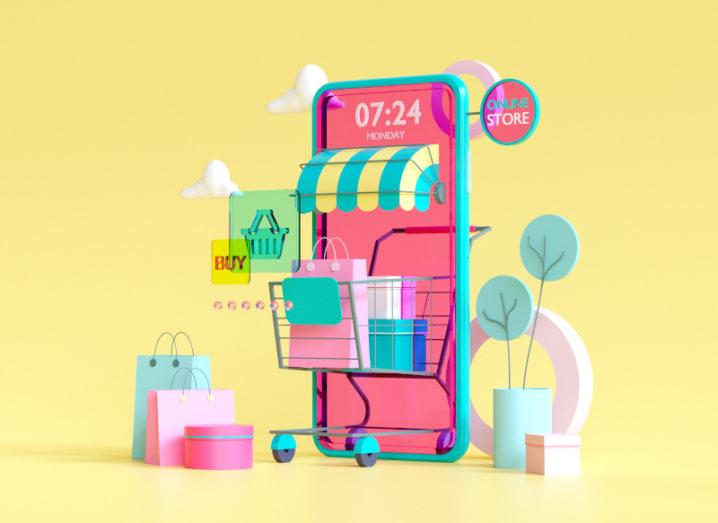 Illustration of a smartphone turned into a storefront with a striped canopy and signage. A stocked shopping cart and shopping bags stand nearby.