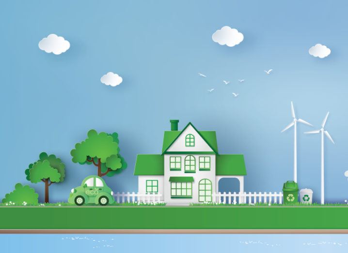 Illustration of a house in a carbon-neutral city with an electric car and wind turbines.