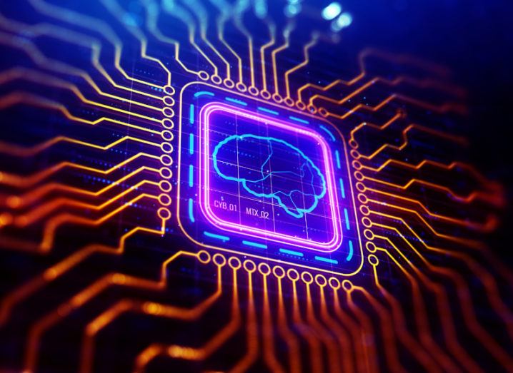 Conceptual image of a brain-computer interface, showing a graphic of a computer chip with a brain on it.