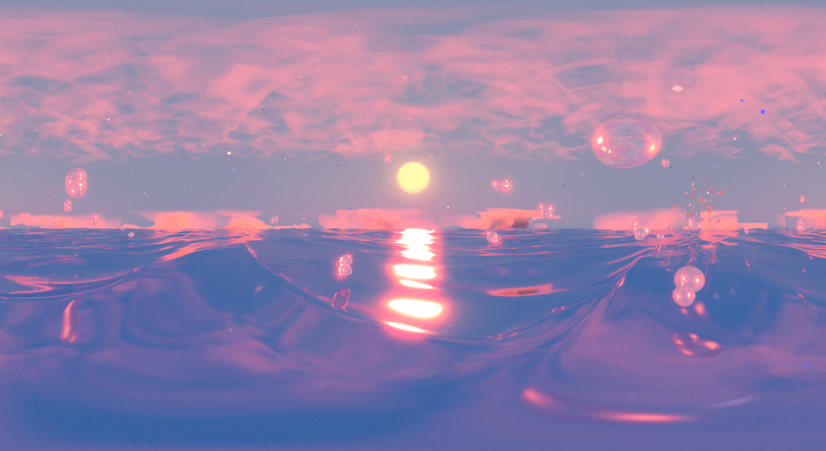 An image of bubbles on the surface of the ocean at sunset in pink and purple hues.