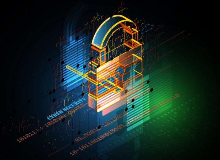 A digital image of a gold padlock surrounded by blue and green lights on a black background.