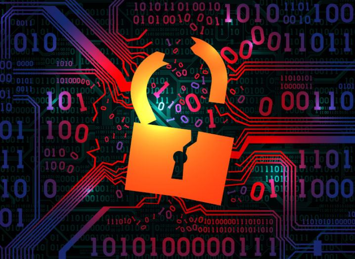 A graphic of a broken gold padlock against a background of binary code, symbolising the HSE cyberattack.