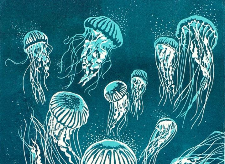 An artwork from one of the projects at the virtual SFI exhibition shows jellyfish glowing against a dark teal background.