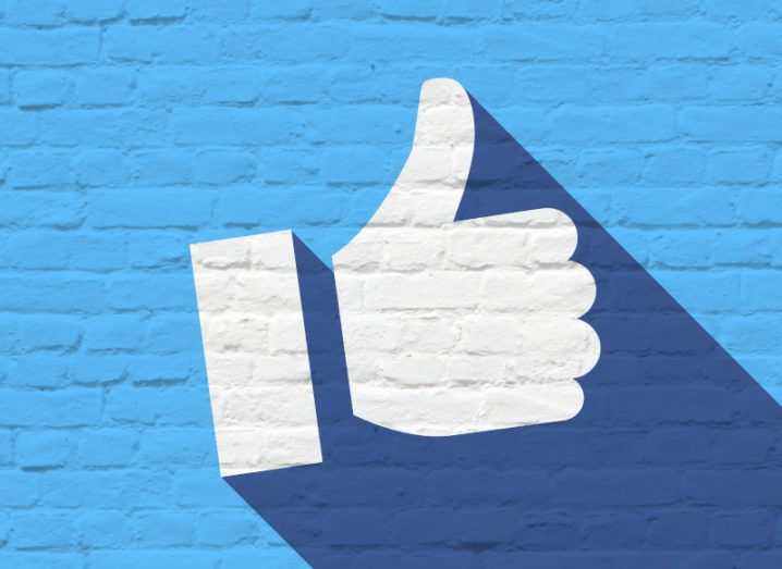 A large white thumbs up, resembling the Facebook logo, is painted on a blue brick wall.