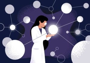 Cartoon graphic of a woman scientist in a lab coatlooking at a bright white molecule, connecting to a system of molecules, set against a purple background.