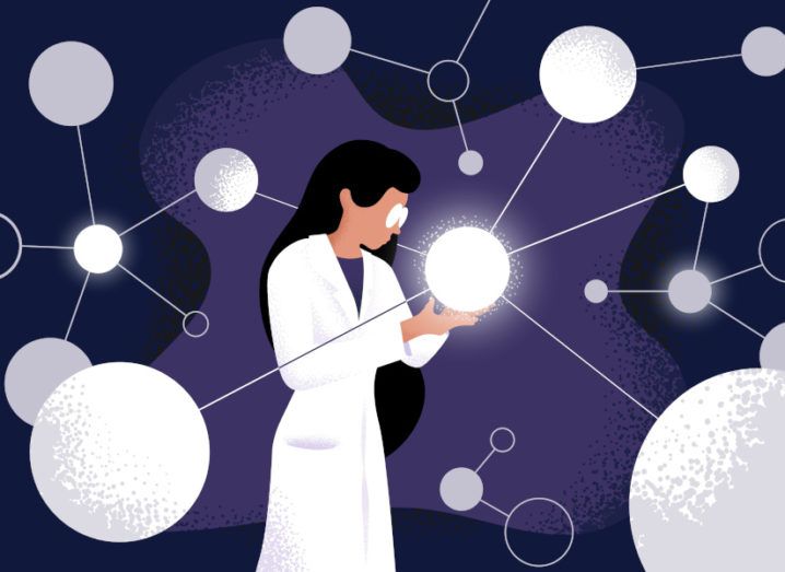Cartoon graphic of a woman scientist in a lab coatlooking at a bright white molecule, connecting to a system of molecules, set against a purple background.