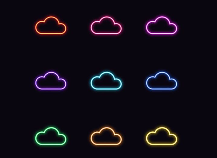 Three rows of three neon cloud outlines in different colours against a black background.