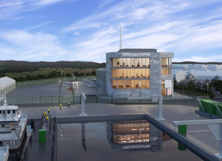 Computer image of a large building that says 'Arklow Bank Wind Project' on the front.