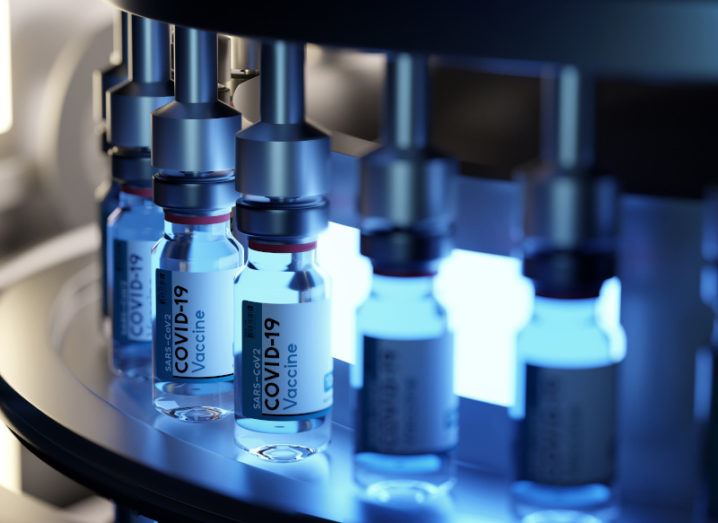 A rack of filled vials of the Covid-19 vaccine at a manufacturing facility.
