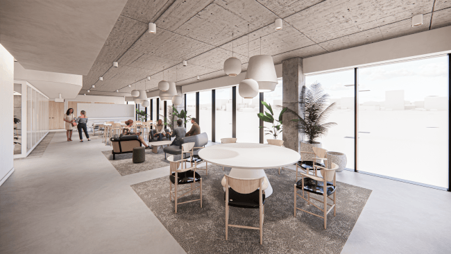 A rendered image of a bright collaborative Dropbox office space with multiple tables for groups.