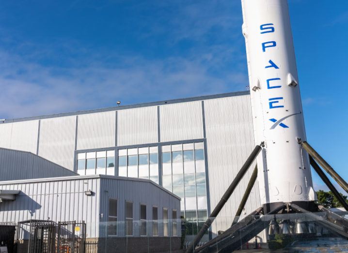 Image of the Falcon 9 rocket, owned by Space X, pictured outside SpaceX's headquarters.