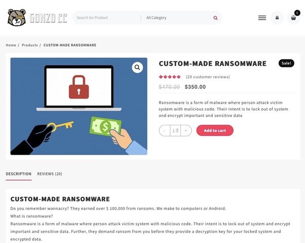 A dark web marketplace ad claiming to sell a custom-made ransomware
