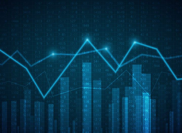 Abstract blue graphic of big data. A line graph sits above a bar chart against a backdrop of digital numbers.