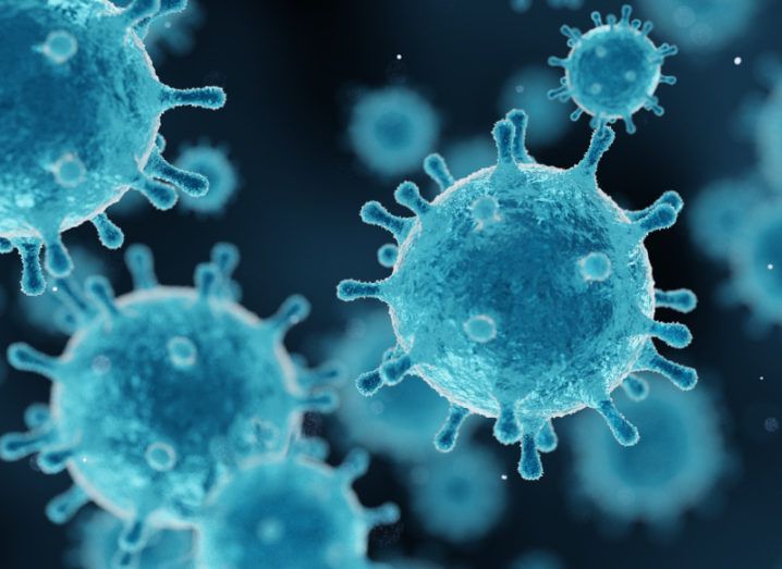 A rendered graphic of a microscopic close-up of blue virus cells, symbolising the Delta variant of the coronavirus.