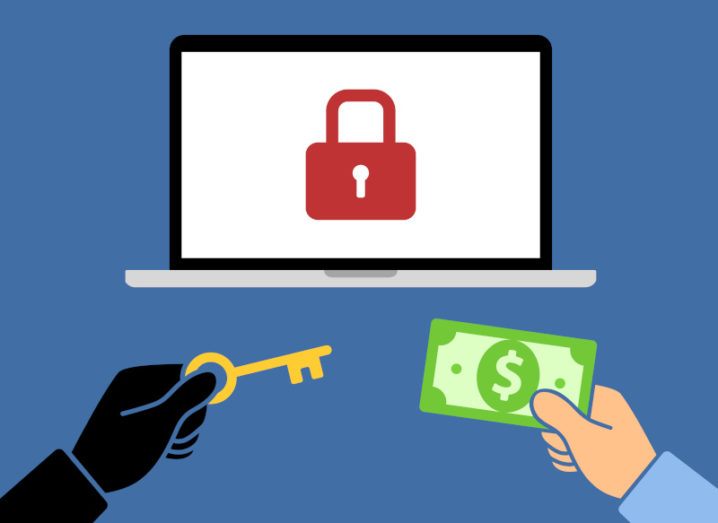 An illustration of someone handing over money to unlock a laptop locked with ransomware.
