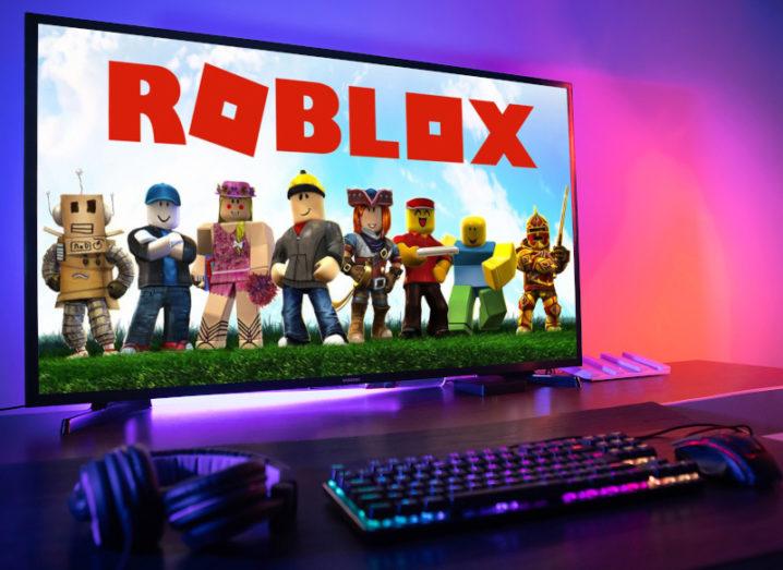 The Roblox logo on a computer screen.
